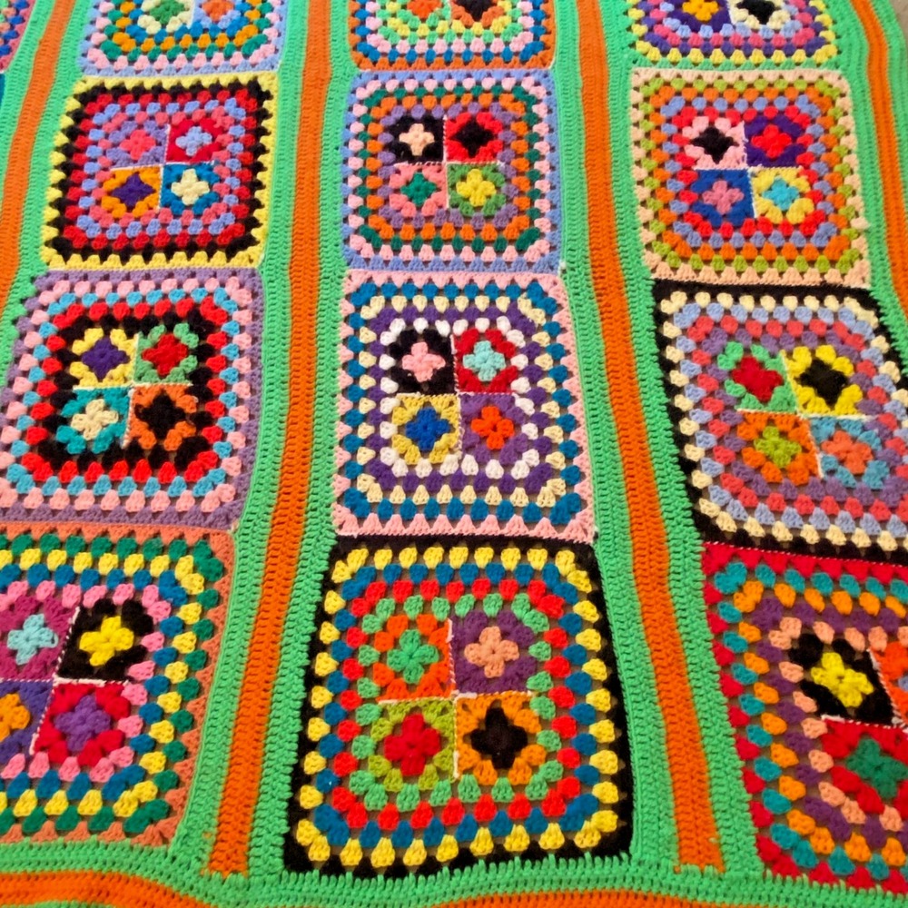 Vintage Hand Knit Afghan Granny Square Colorful‎ Twin Blanket 84"x72" Retro 70s
